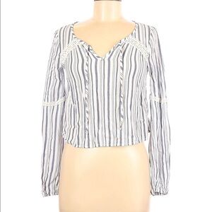 Hollister Cropped Long Sleeve Top White Blue/Gray Stripes
